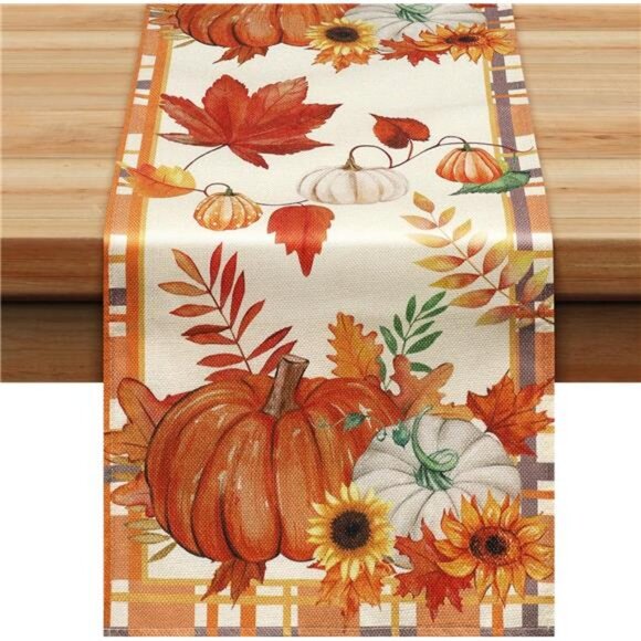Fall Table Runner, Plaid Pumpkin Maple Leaves Table Runners for Autumn Harvest - Picture 1 of 7